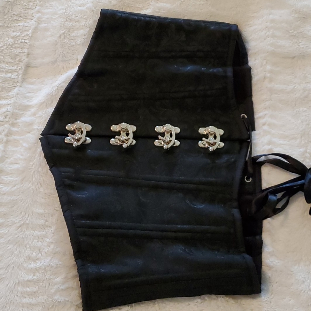 Black, hook front, tie back corset